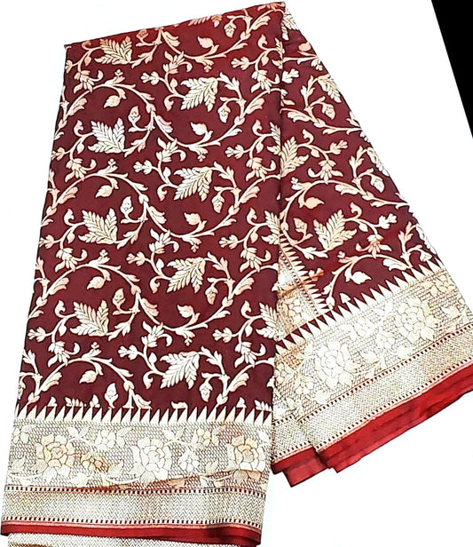 Maroon Banarasi Saree with Silver Zari Kodi Malar Designs