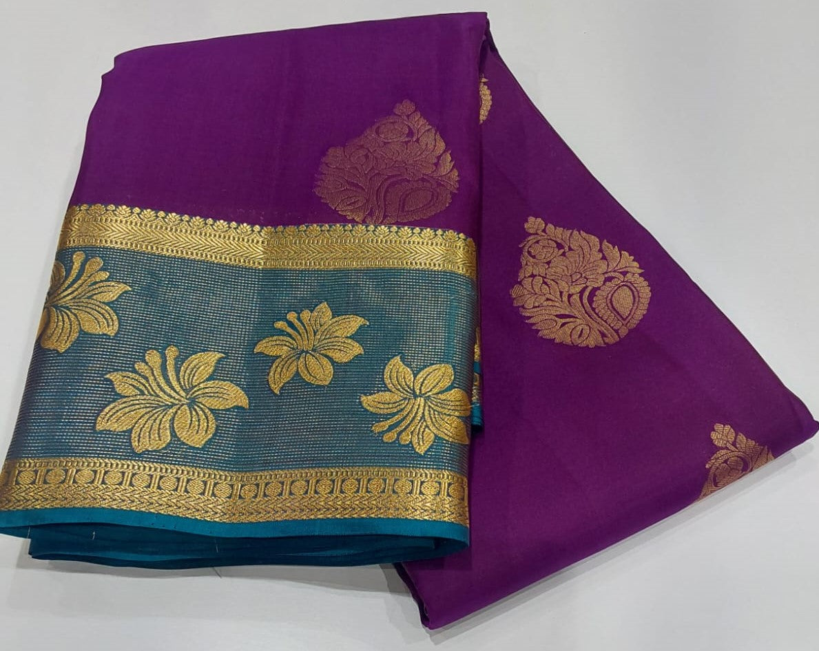 Simple Party Wear Saree in Violet with Flower Design Border