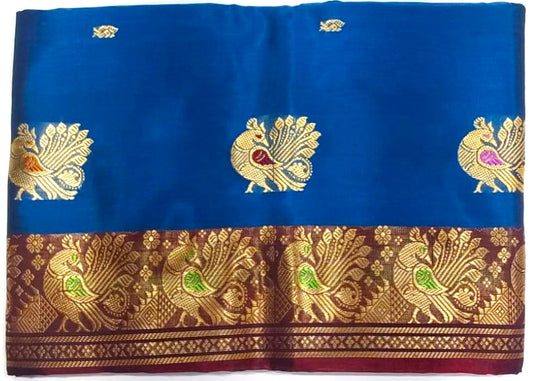 Thread Work Silk Saree in Dark Blue with Annam Design