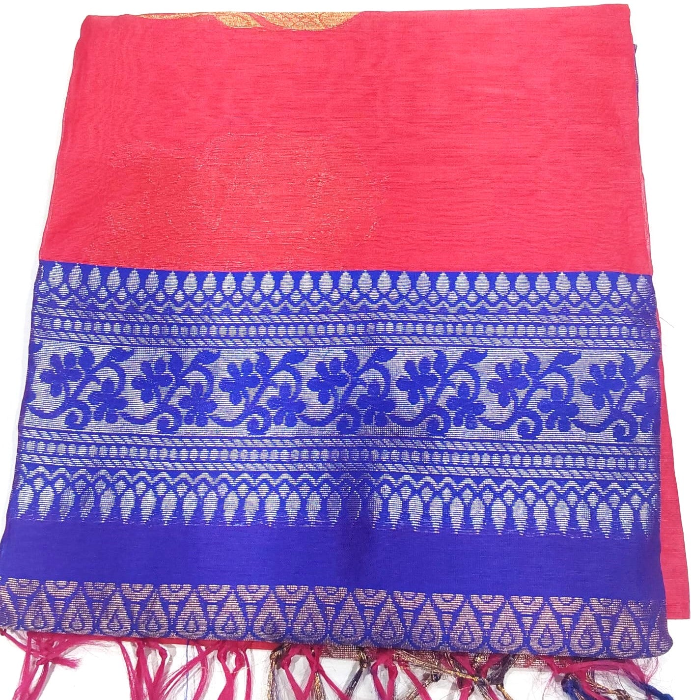 Kanchipuram Silk Cotton Sarees in Red Color with royal blue border