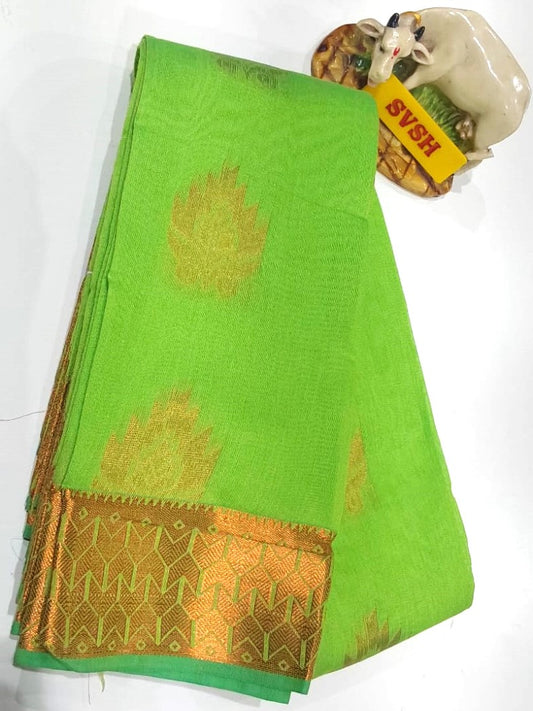 Kanchipuram Silk Cotton Saree in Parrot Green with gold Zari border