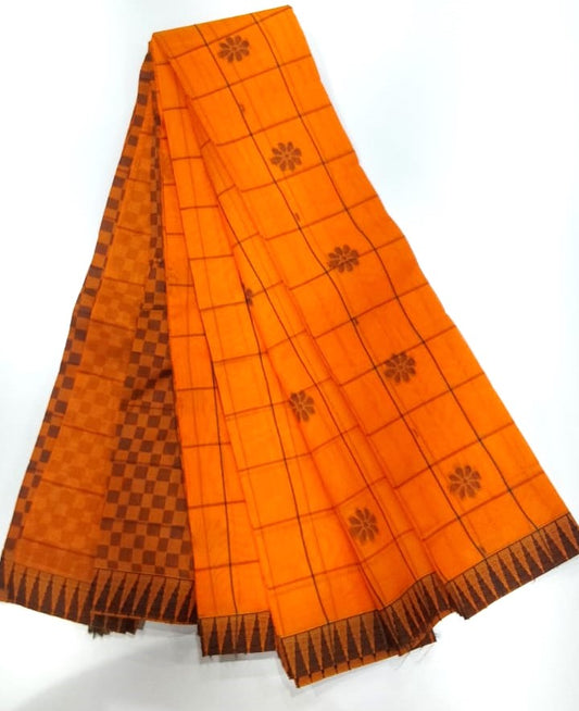 Kanchipuram Silk Cotton Saree in Orange with Temple Design Border