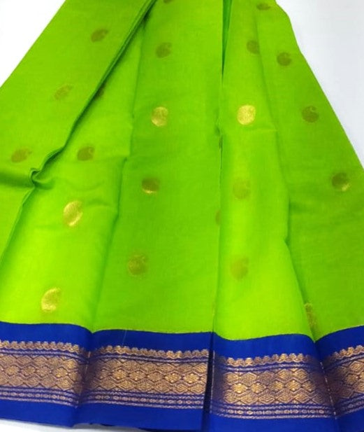 Kanchipuram Silk Cotton Saree in Parrot Green with Blue and Gold Zari Border