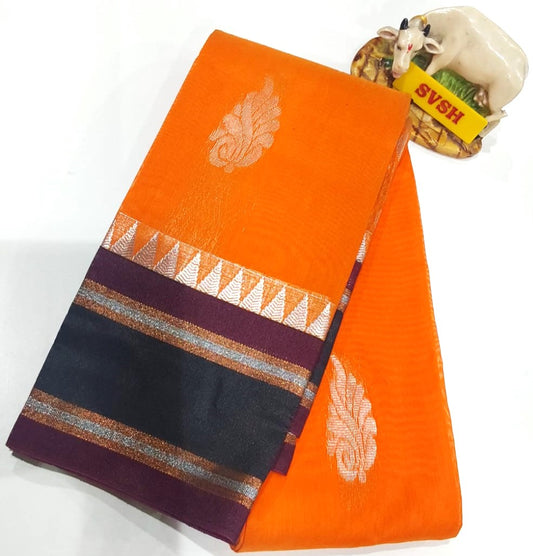 Kanchipuram Silk Cotton Saree in Orange with multi corlor boder