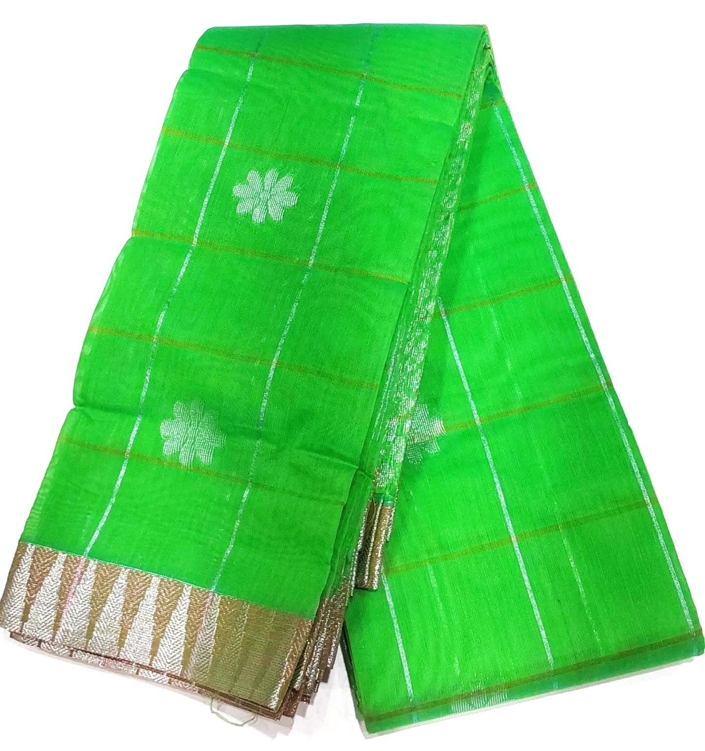 Kanchipuram Silk Cotton Sarees in Parrot Green with contrast temple border