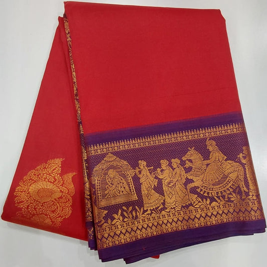 Semi-Silk Party Wear Saree in Red with Purple Border