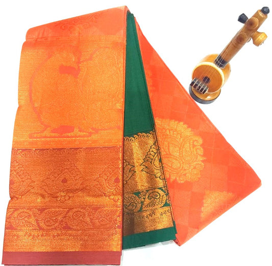 Semi-Silk Party Wear Saree in Pinkish Orange with Dark Green Border