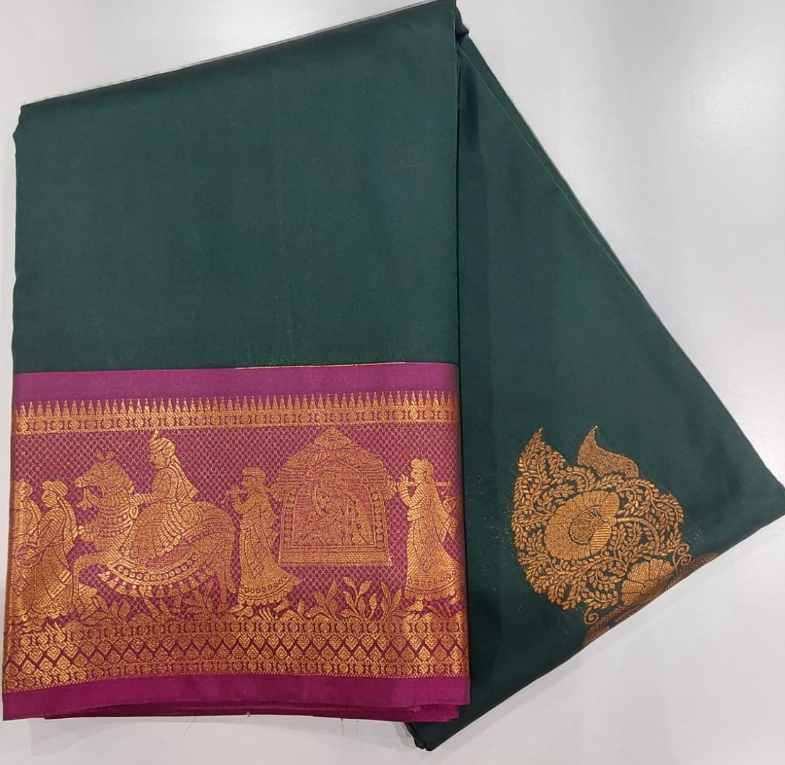 Dark Green Semi-Silk Party Wear Saree with Contrast Pink Border