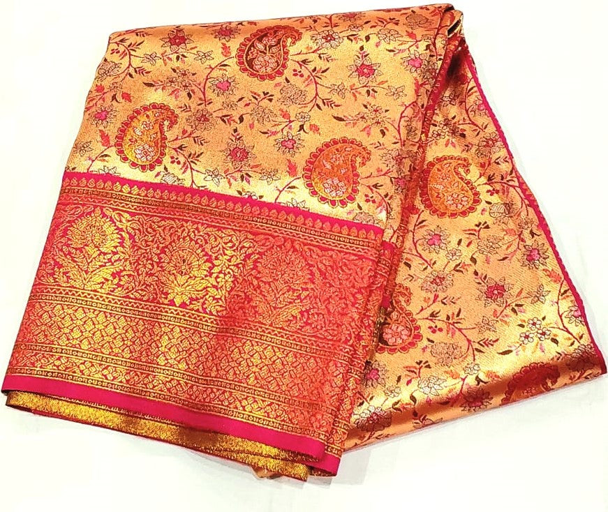 Gold Banarasi Saree with Red Border and Mango Kodi Malar Designs