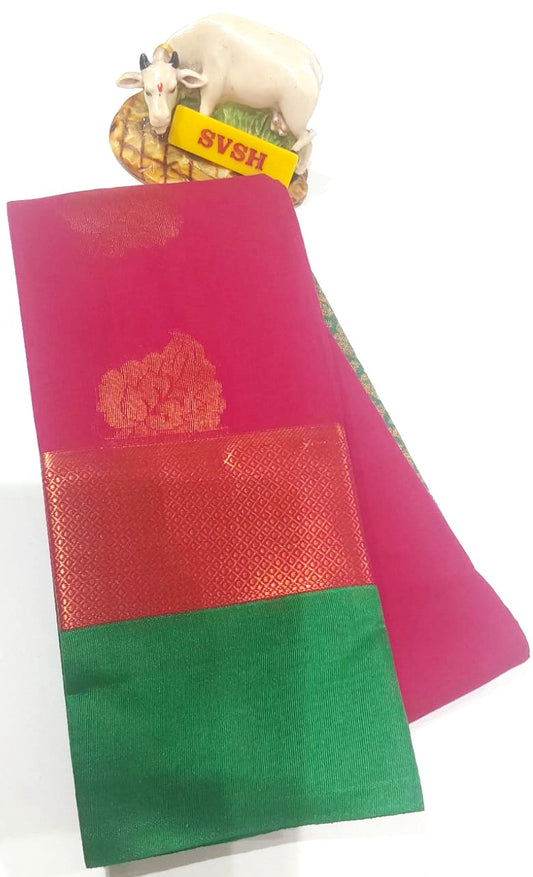 Kanchipuram Silk Cotton Saree in Pink with Green colour border