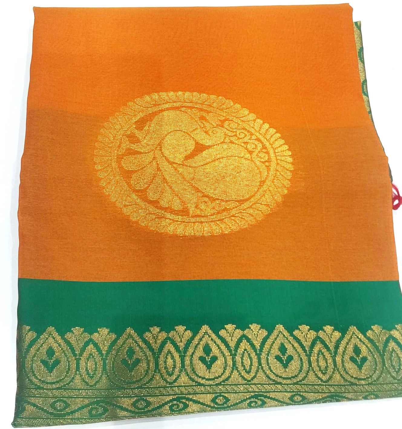 Kanchipuram Silk Cotton Saree in Mustard Yellow color with Green color border