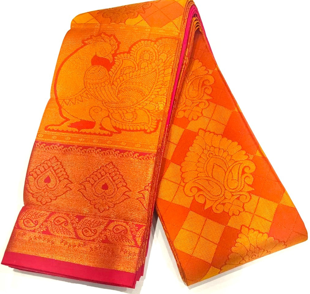 Yellow Semi-Silk Party Wear Saree with Pink Border