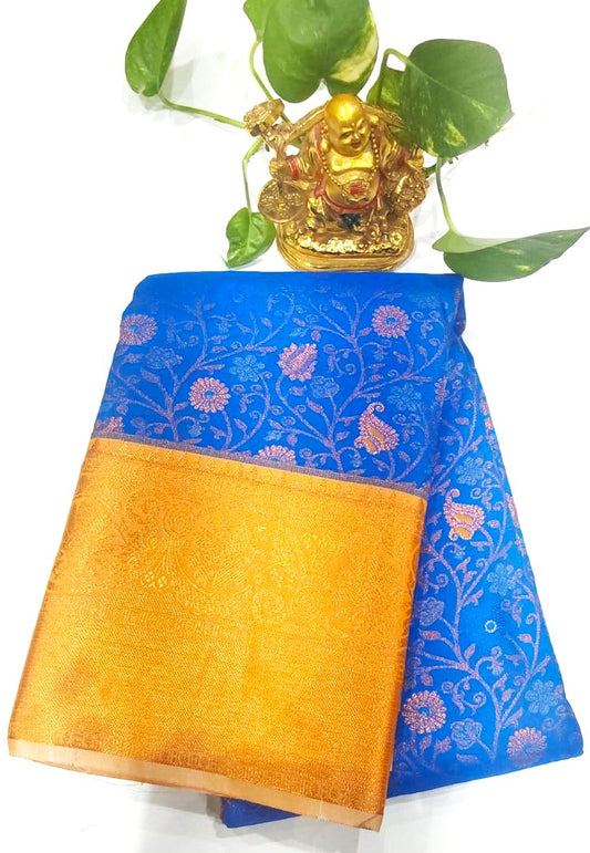 Blue Semi-Silk Party Wear Saree with Kodi Malar Designs and Contrast Yellow Border