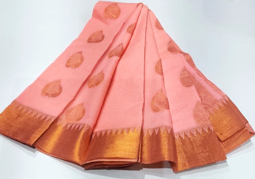 Kanchipuram Silk Cotton Saree in Baby Pink with gold temple Zari border