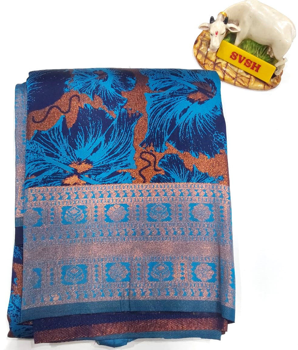 Dark Blue Fancy Saree in Multicolor Flower Design