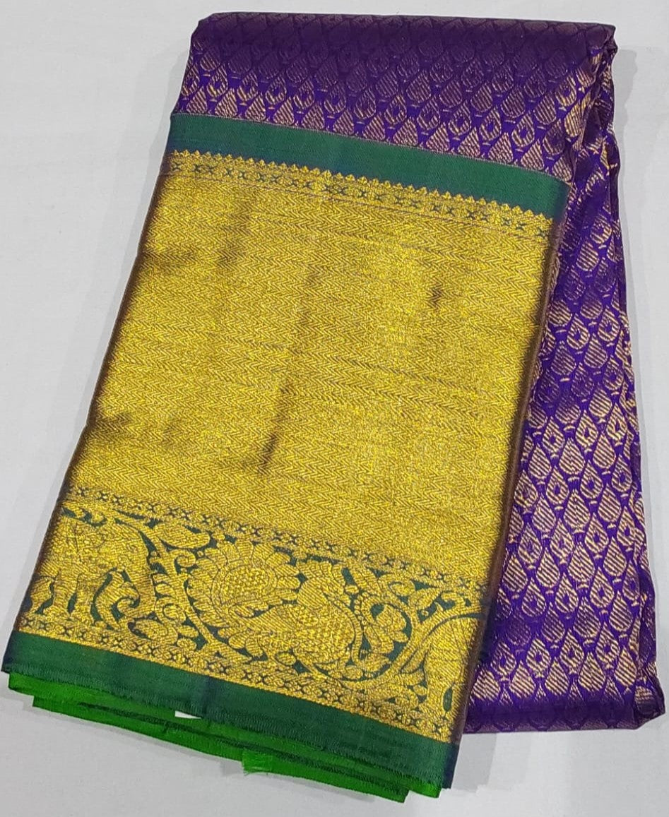 Royal Blue Jacquard Kanchipuram Silk Saree with Green Border