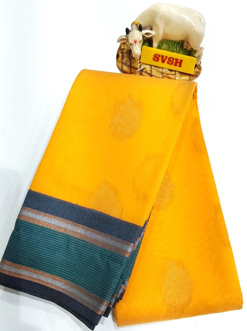 Kanchipuram Silk Cotton Saree in Yellow with multi color border