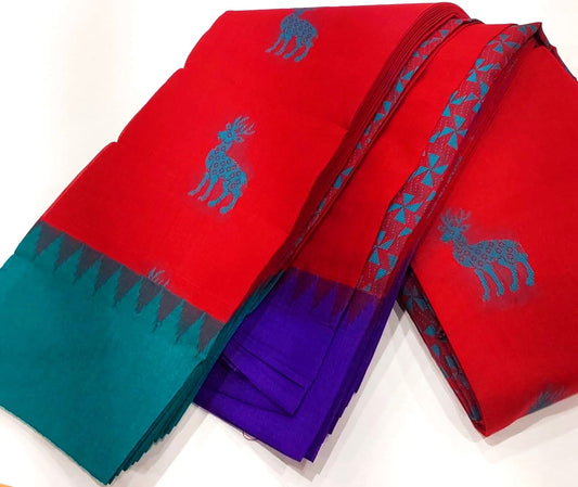 Kanchipuram Silk Cotton Sarees in Red with up and down different color border