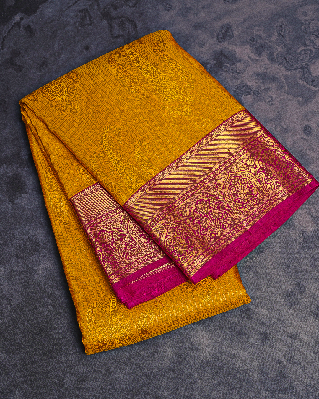 Yellow Silk Saree with Contrast Pink Border