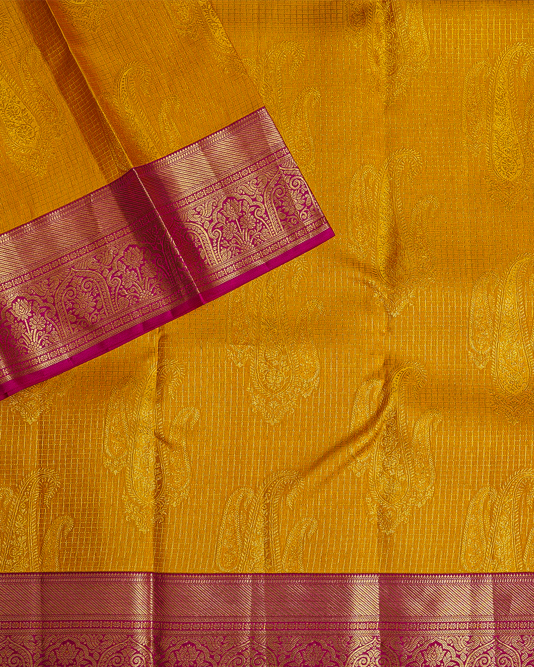 Yellow Silk Saree with Contrast Pink Border