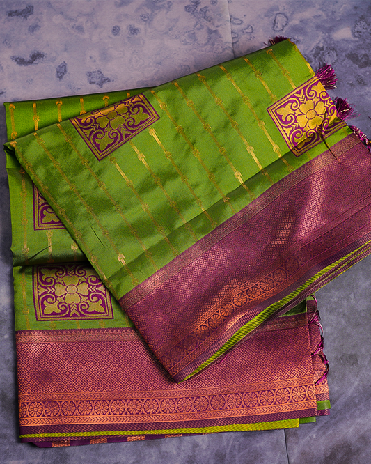 Light Green Semi-Silk Saree with Contrast Violet Border