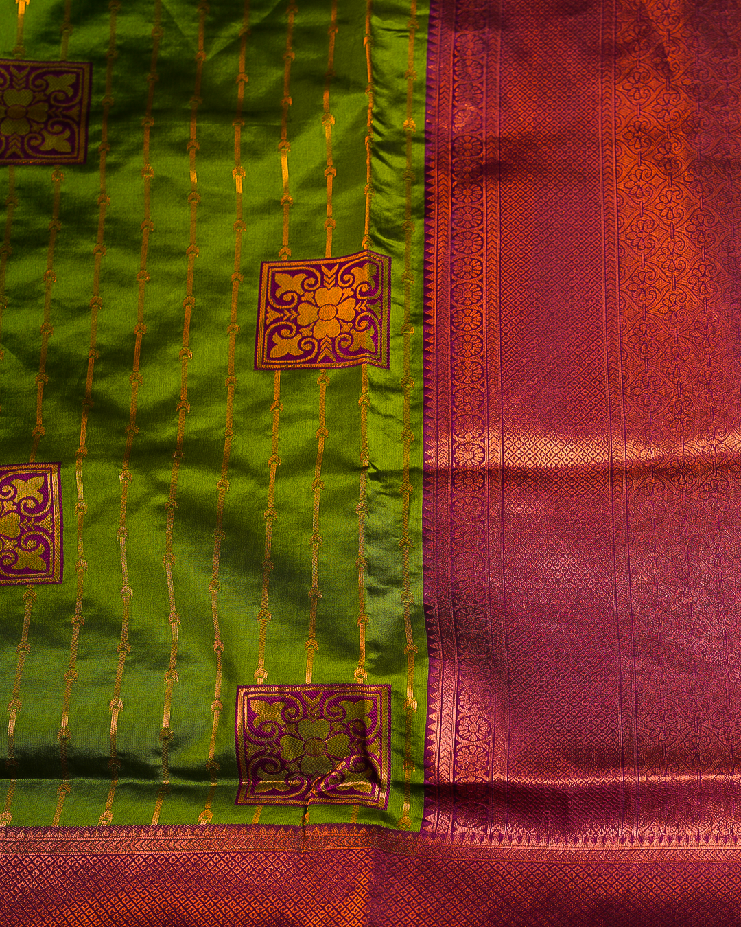 Light Green Semi-Silk Saree with Contrast Violet Border