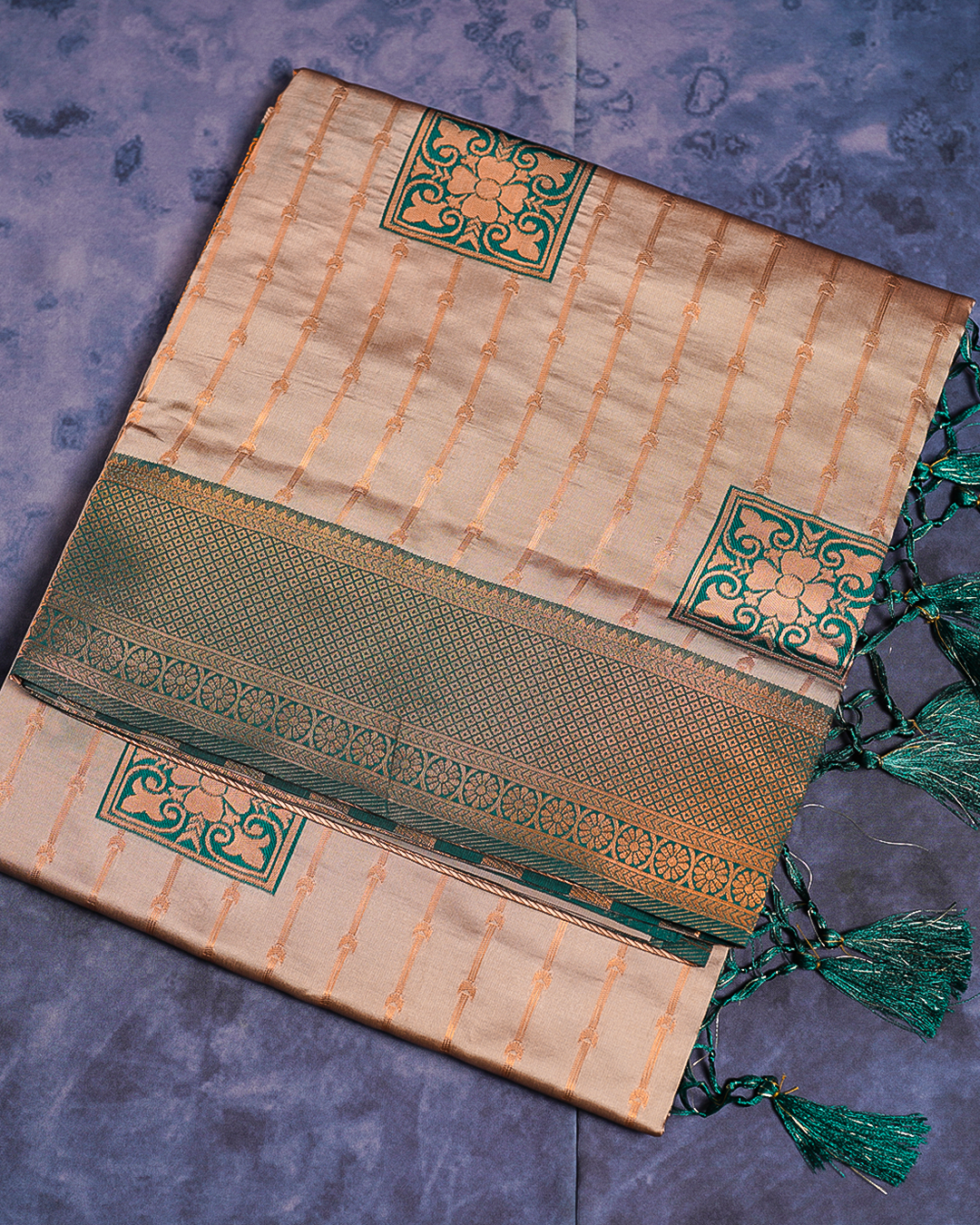 Beige Semi-Silk Saree with Contrast Dark Green Border