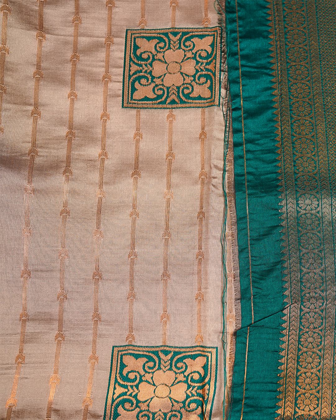 Beige Semi-Silk Saree with Contrast Dark Green Border