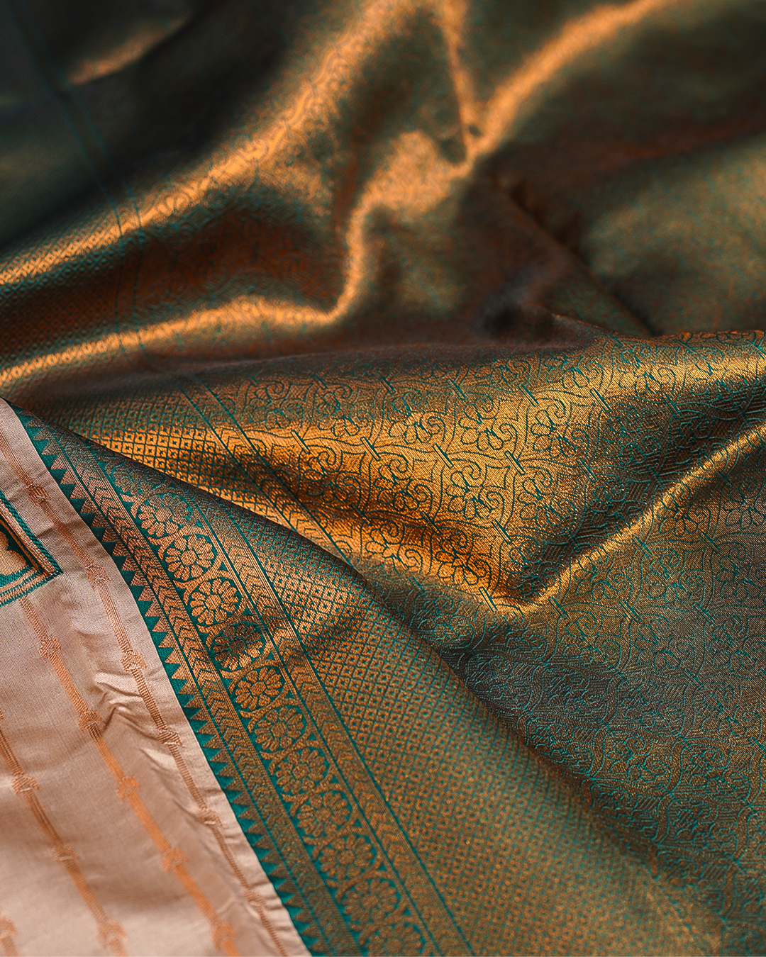 Beige Semi-Silk Saree with Contrast Dark Green Border