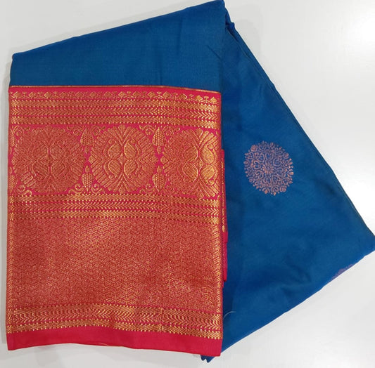 Peacock Blue Semi-Silk Party Wear Saree with Contrast Pink Border