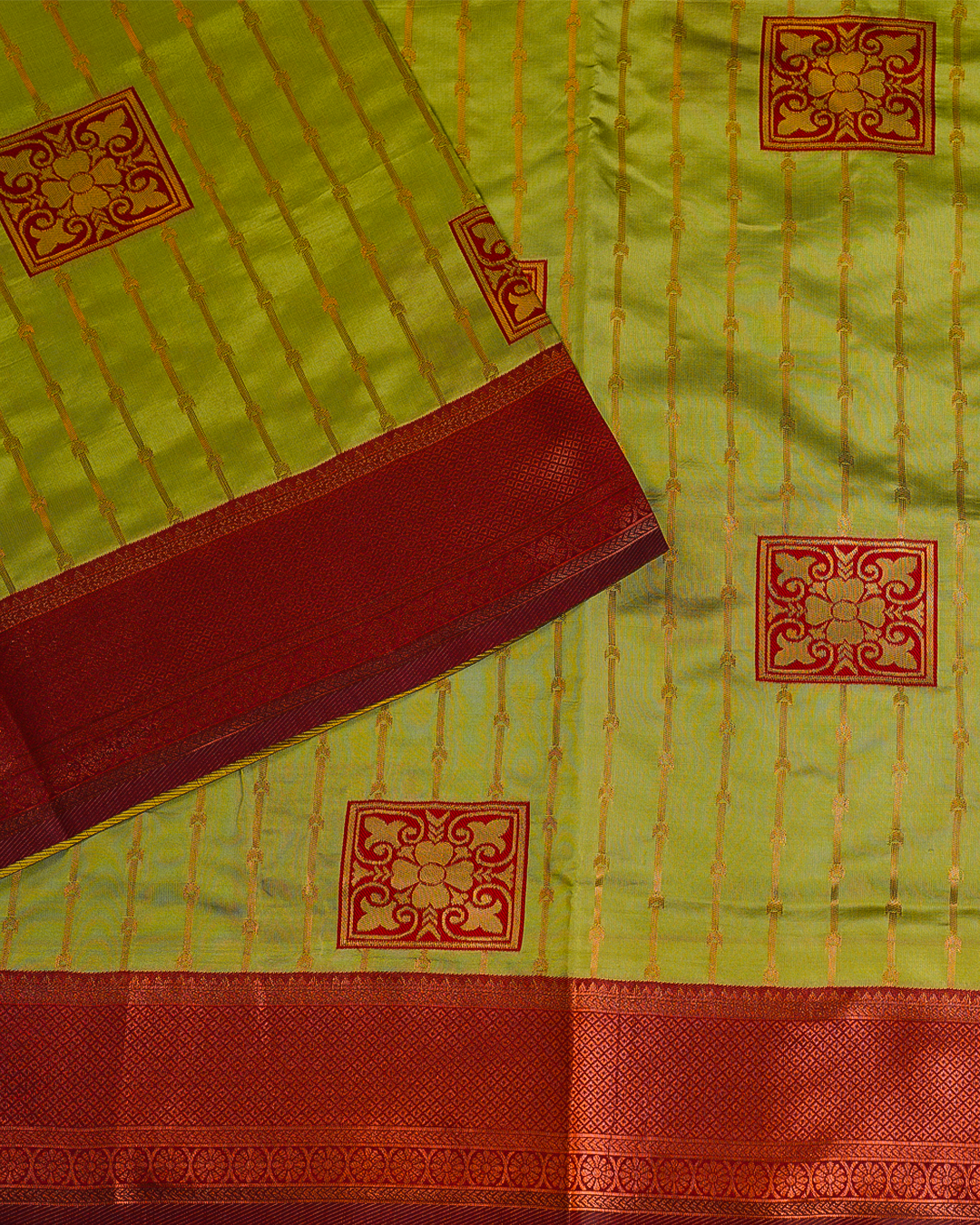 Parrot Green Semi-Silk Saree with Contrast Red Border