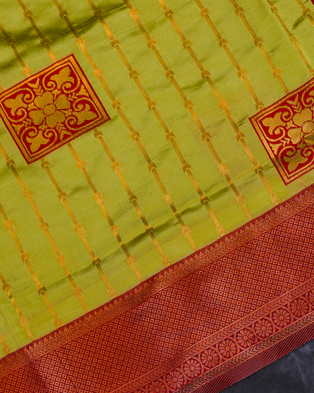 Parrot Green Semi-Silk Saree with Contrast Red Border