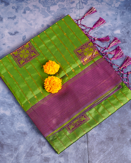 Green Semi-Silk Saree with Contrast Violet Border