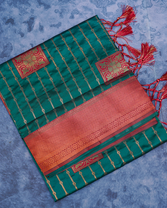 Dark Green Semi-Silk Saree with Contrast Red Border