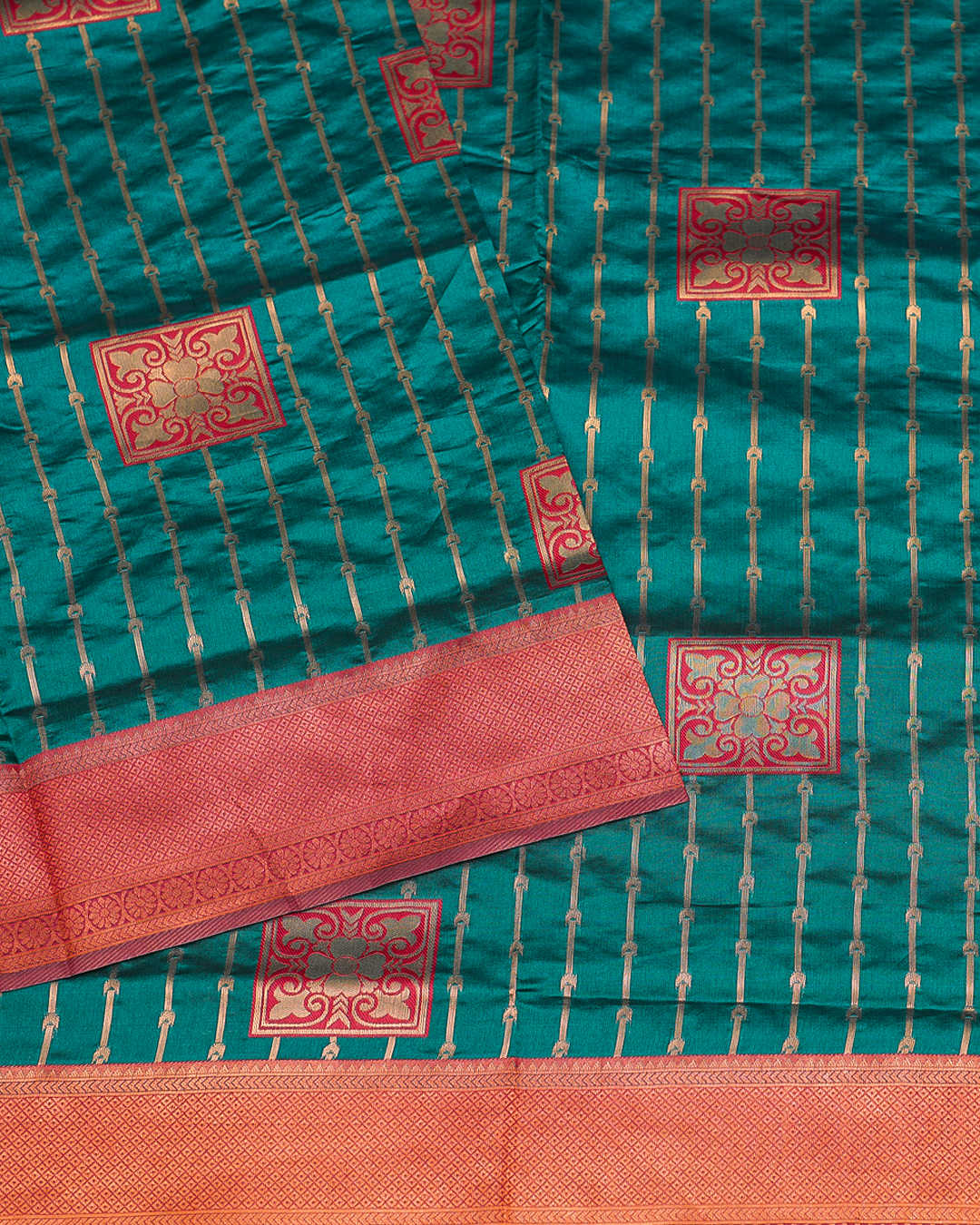 Dark Green Semi-Silk Saree with Contrast Red Border