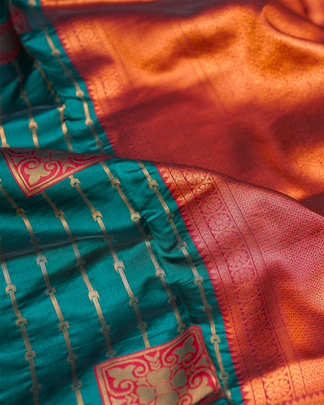 Dark Green Semi-Silk Saree with Contrast Red Border