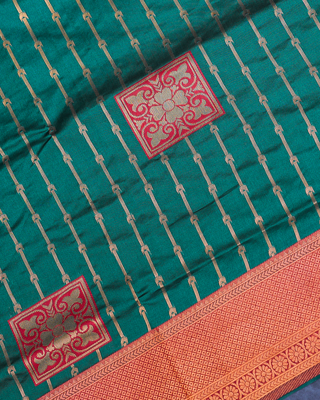 Dark Green Semi-Silk Saree with Contrast Red Border