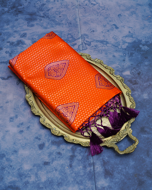 Orange Semi-Silk Saree with Contrast Violet Border