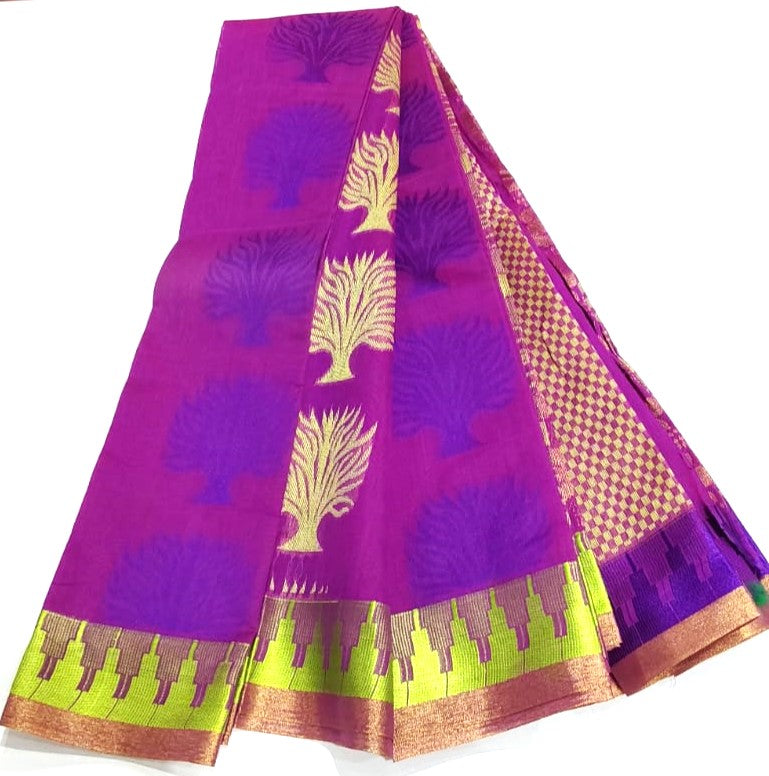 Kanchipuram Silk Cotton Saree in Magenta with lemon yellow color border