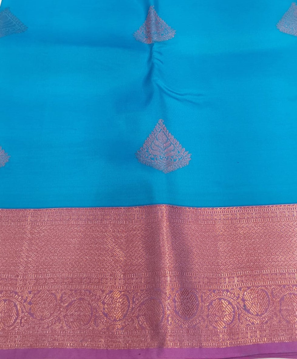 Blue Semi-Silk Party Wear Saree with Contrast Pink Border