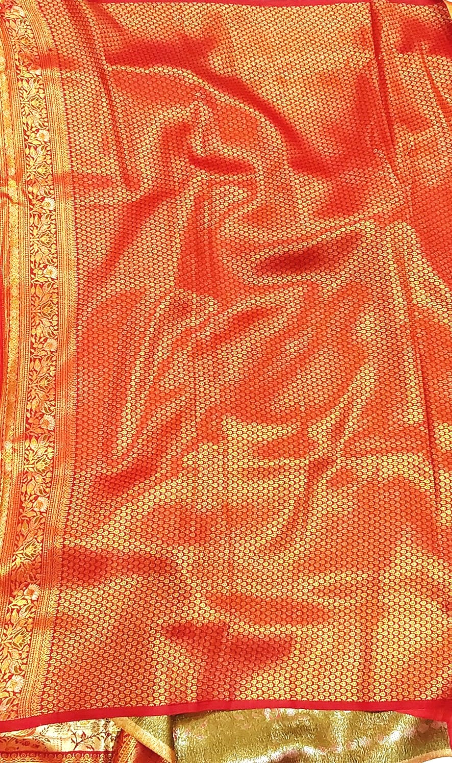 Gold Banarasi Saree with Red Border and Peacock Kodi Malar Designs