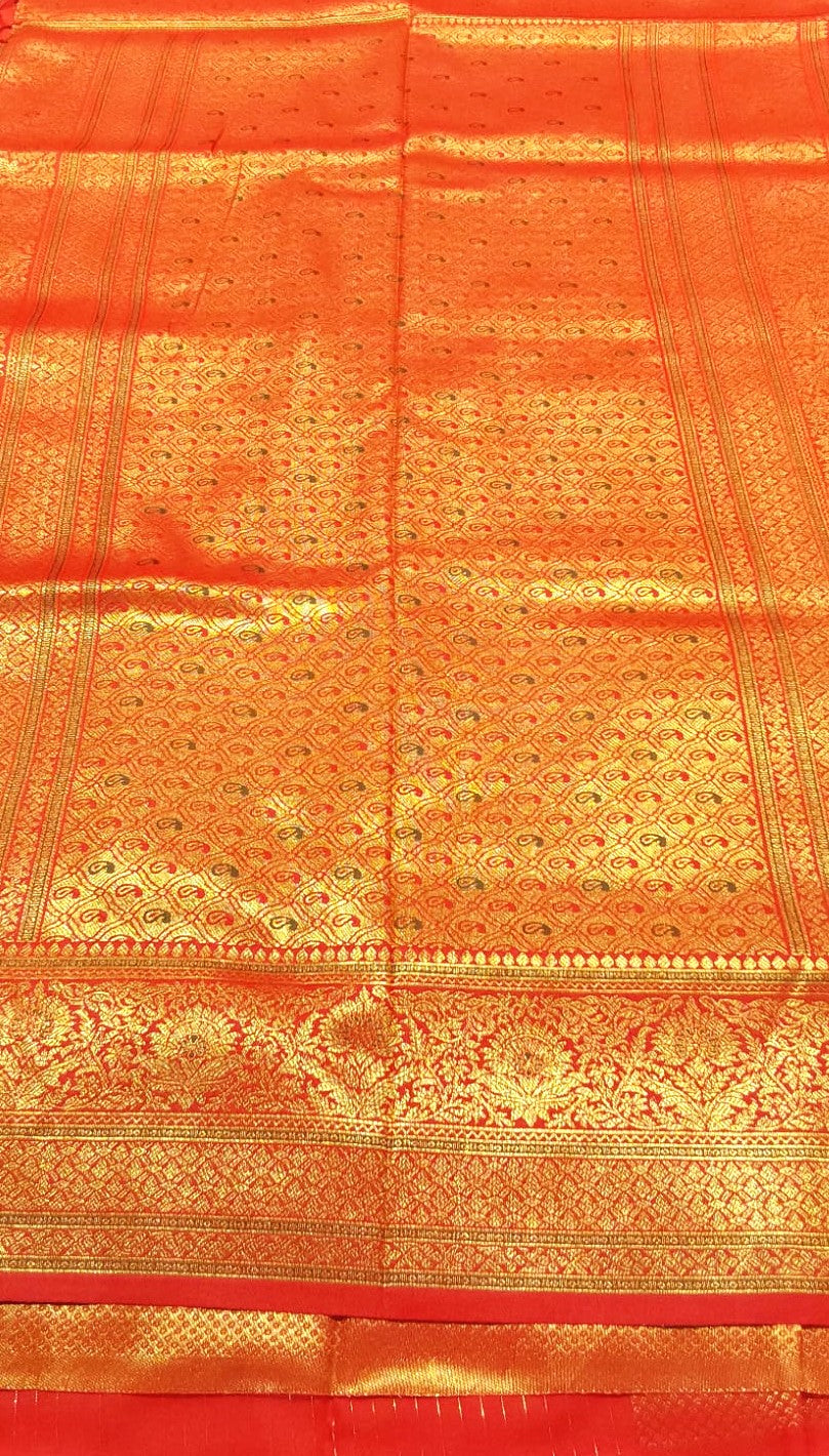 Gold Banarasi Saree with Red Border and Artistic Mango Kodi Malar Patterns