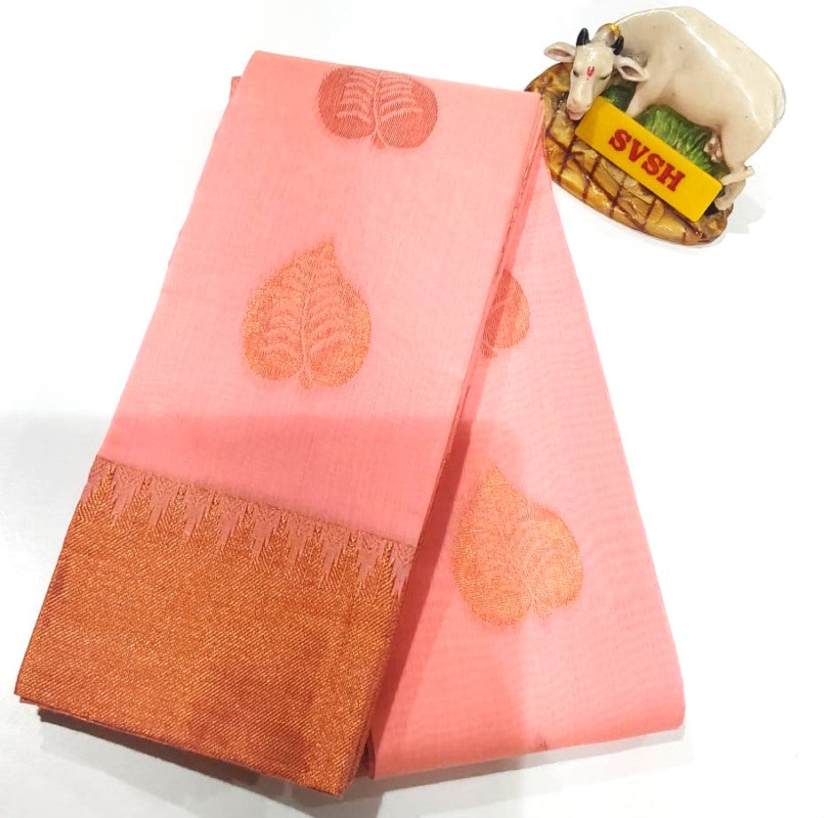 Kanchipuram Silk Cotton Saree in Baby Pink with gold temple Zari border