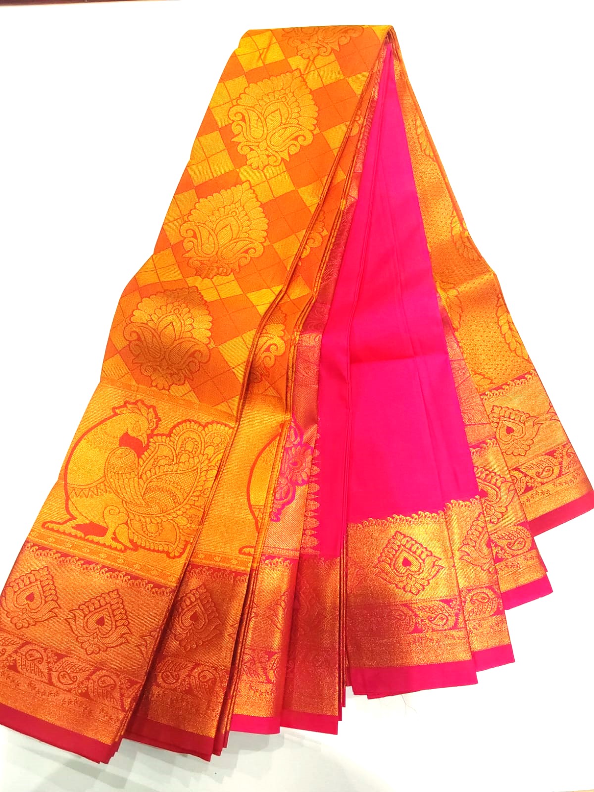 Yellow Semi-Silk Party Wear Saree with Pink Border