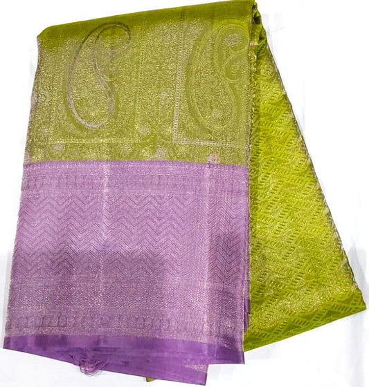 Grand Jacquard Wedding Kanchipuram Saree in Light Green with Lavender Border