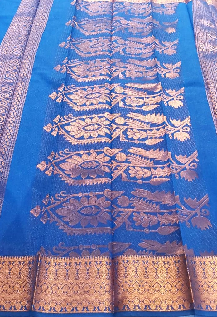 Kanchipuram Silk Cotton Sarees in Blue with Copper Zari border