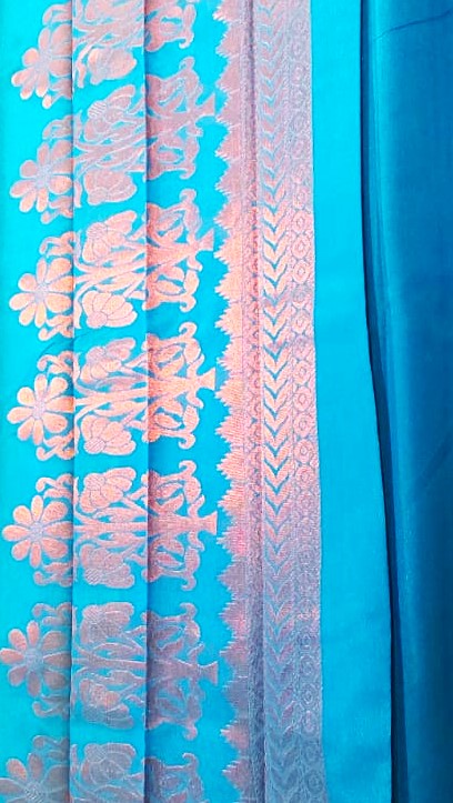 Kanchipuram Silk Cotton Saree in Rexona Green with Sky Blue and Gold Zari Border