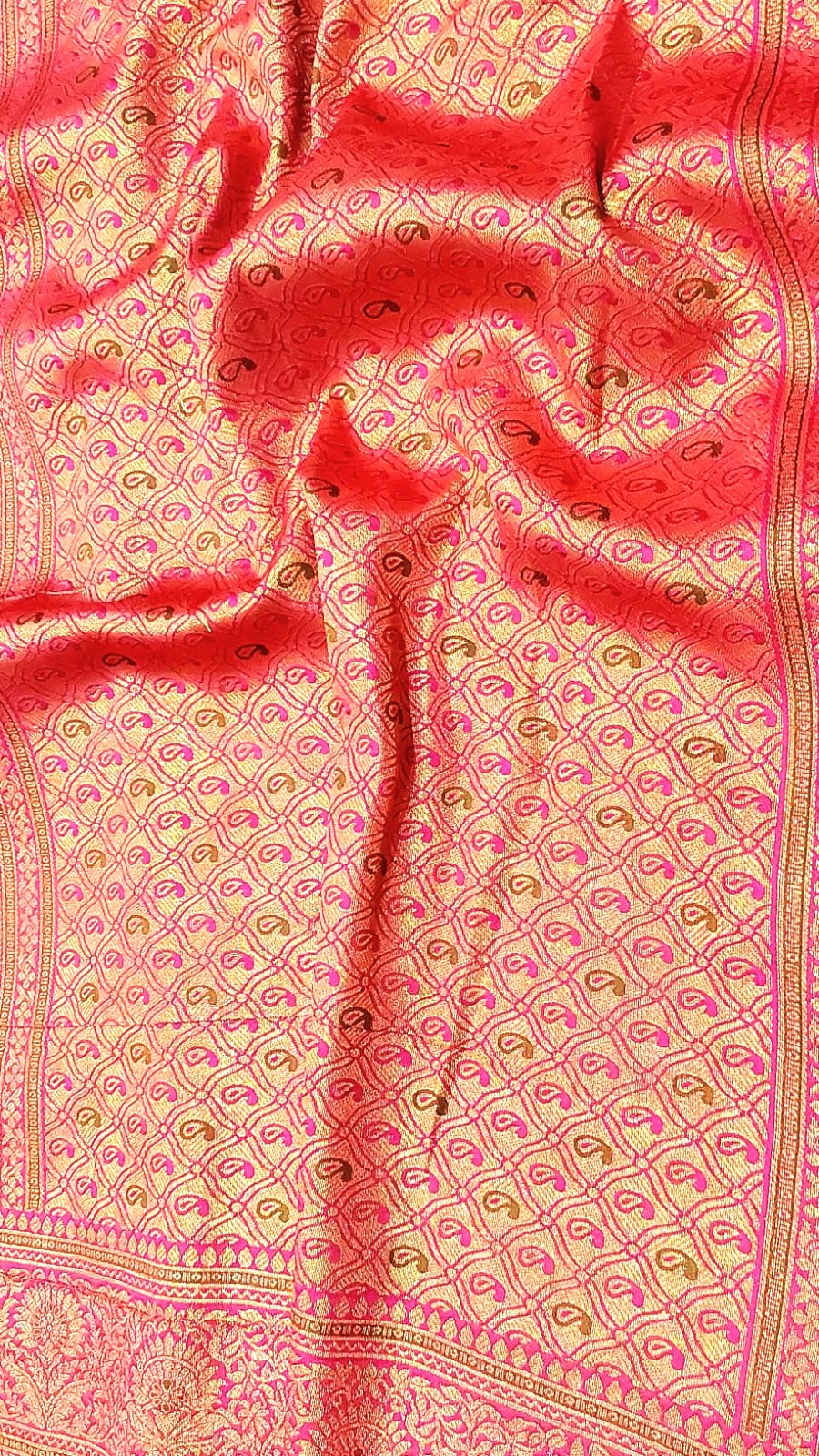 Gold Banarasi Saree with Red Border and Mango Kodi Malar Designs