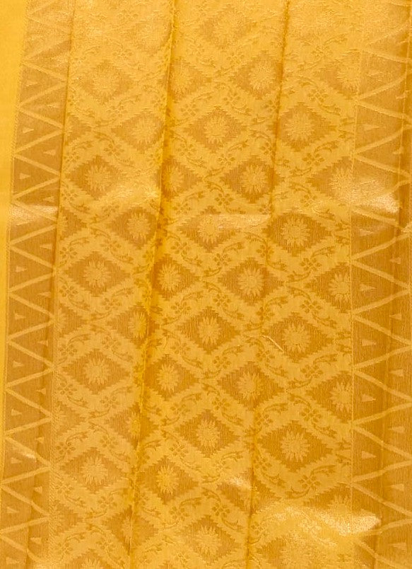 Kanchipuram Silk Cotton Saree in Yellow with multi color border