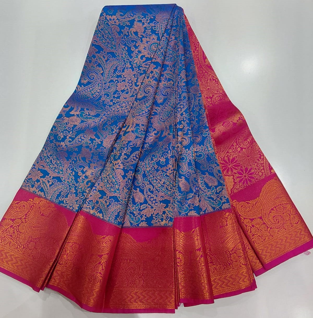 Blue Jacquard Semi-Silk Party Wear Saree with Contrast Pink Border